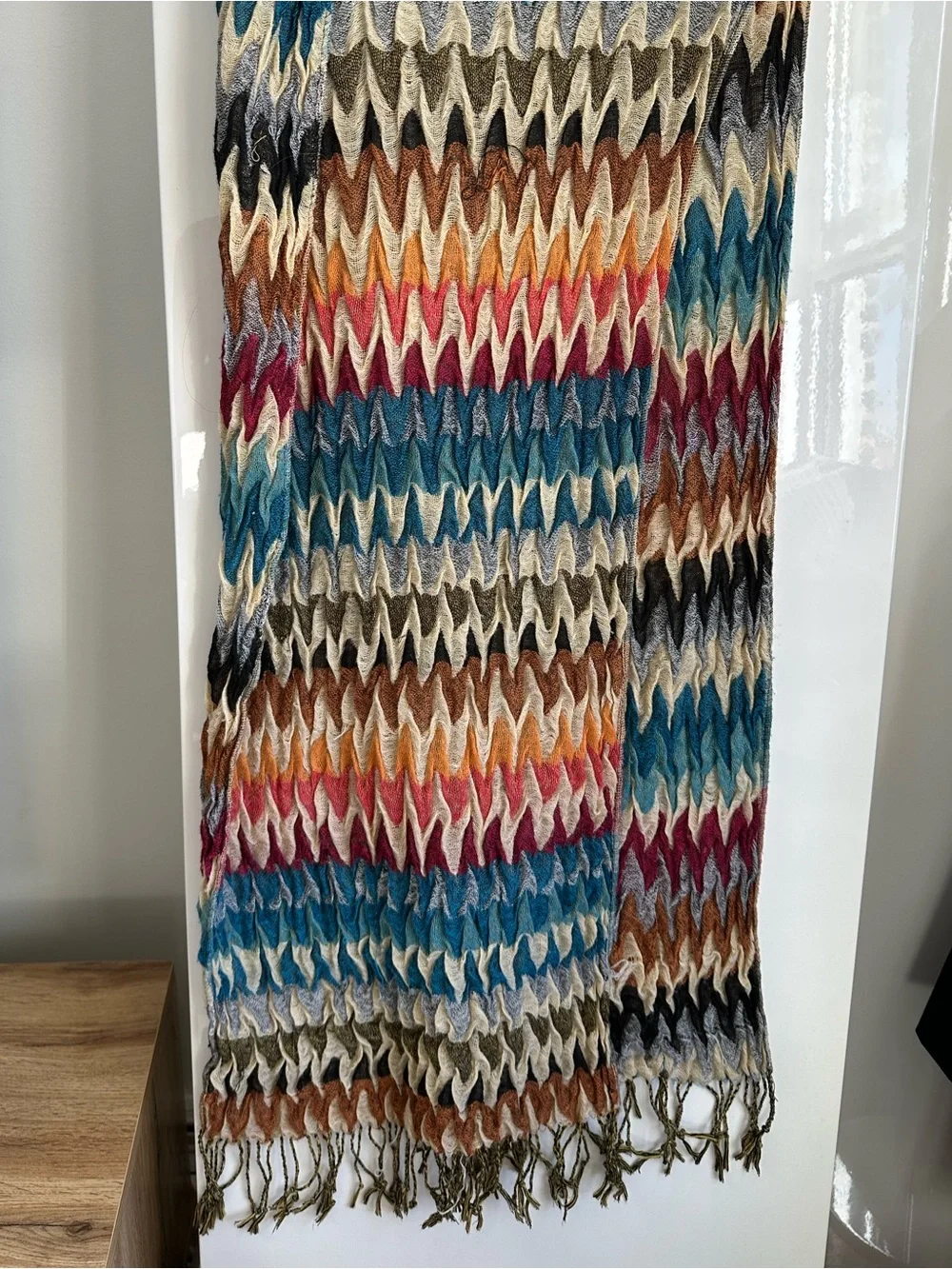 70s Boho Multicolor Zigzag Knit Scarf Missoni Inspired Fringe Multicolor Chevron